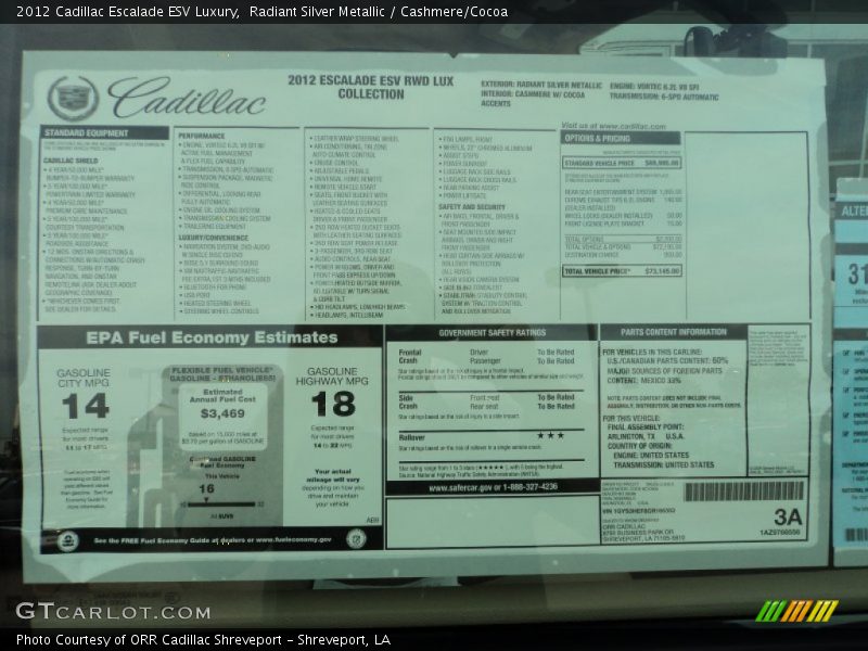  2012 Escalade ESV Luxury Window Sticker