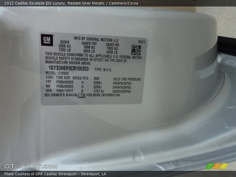 Radiant Silver Metallic / Cashmere/Cocoa 2012 Cadillac Escalade ESV Luxury