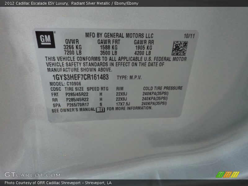 Info Tag of 2012 Escalade ESV Luxury