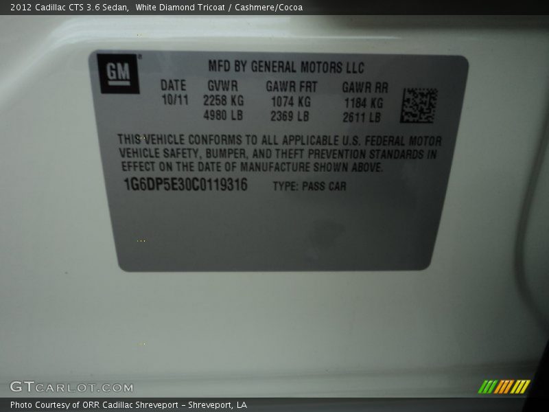 White Diamond Tricoat / Cashmere/Cocoa 2012 Cadillac CTS 3.6 Sedan