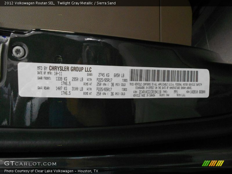 2012 Routan SEL Twilight Gray Metallic Color Code PAV