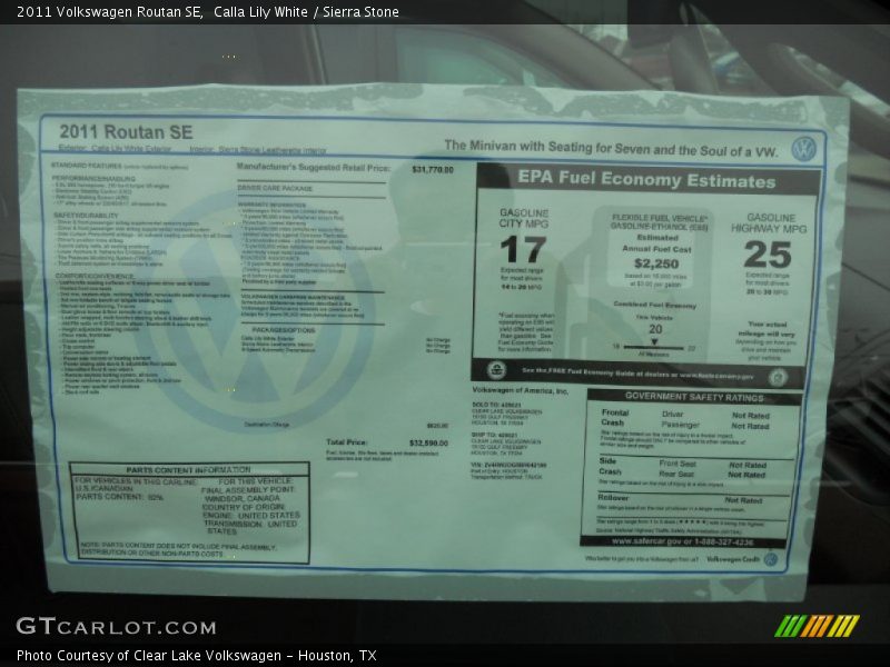 Calla Lily White / Sierra Stone 2011 Volkswagen Routan SE