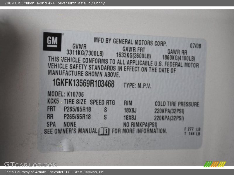 Info Tag of 2009 Yukon Hybrid 4x4