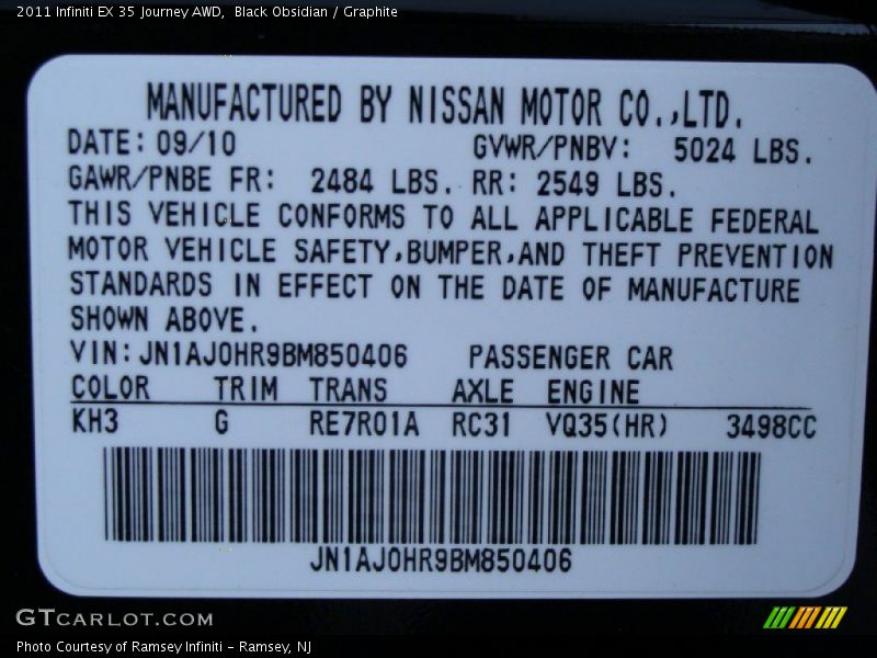 2011 EX 35 Journey AWD Black Obsidian Color Code KH3