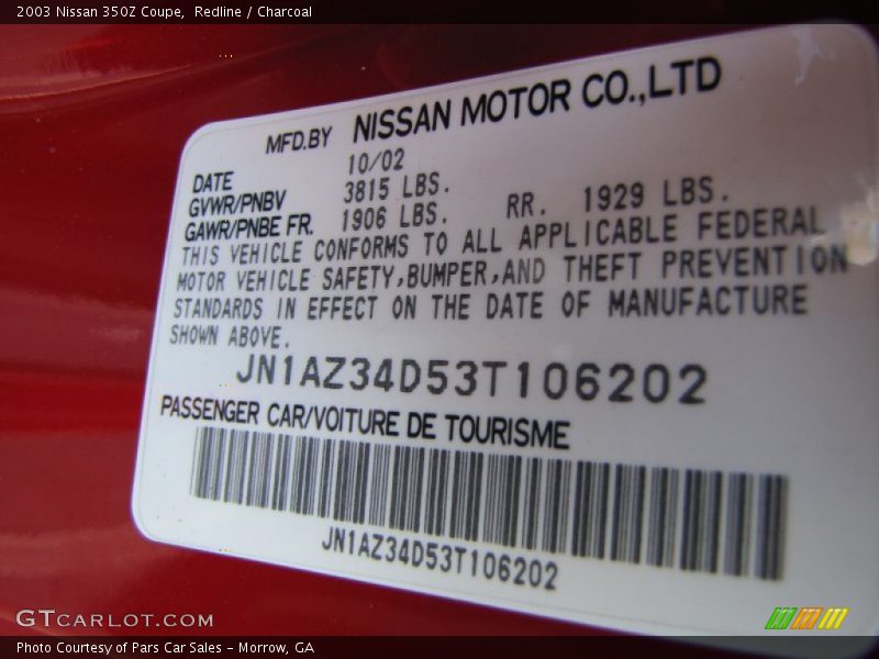 Info Tag of 2003 350Z Coupe