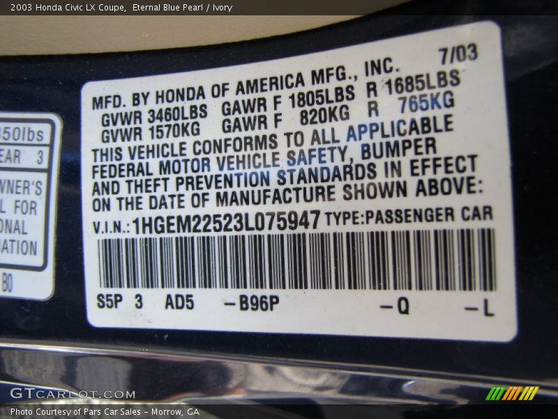2003 Civic LX Coupe Eternal Blue Pearl Color Code B96