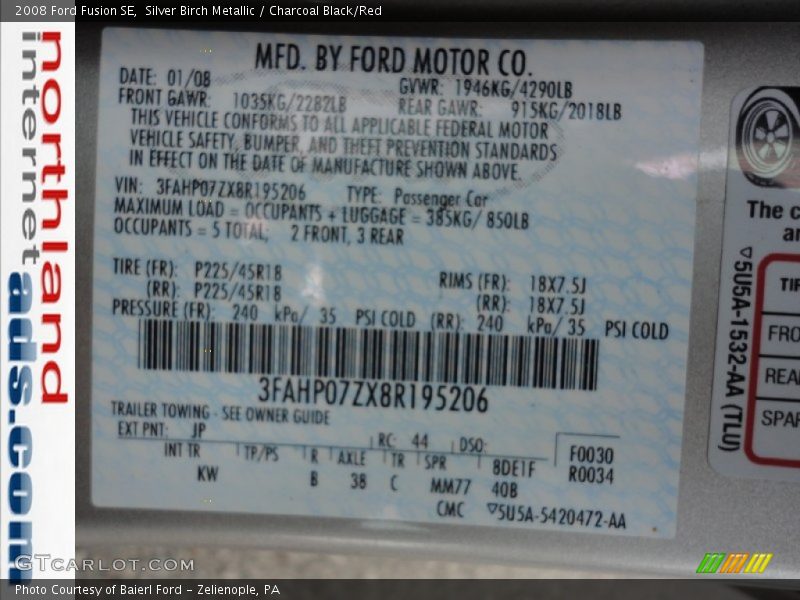 2008 Fusion SE Silver Birch Metallic Color Code JP