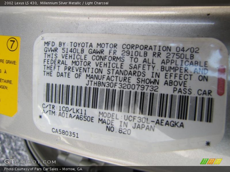 Millennium Silver Metallic / Light Charcoal 2002 Lexus LS 430