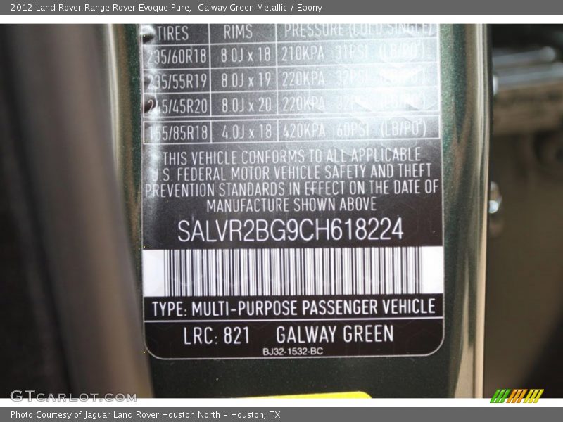 2012 Range Rover Evoque Pure Galway Green Metallic Color Code 821