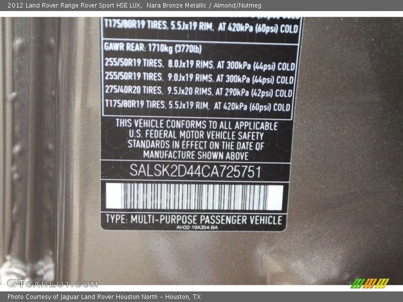 Info Tag of 2012 Range Rover Sport HSE LUX