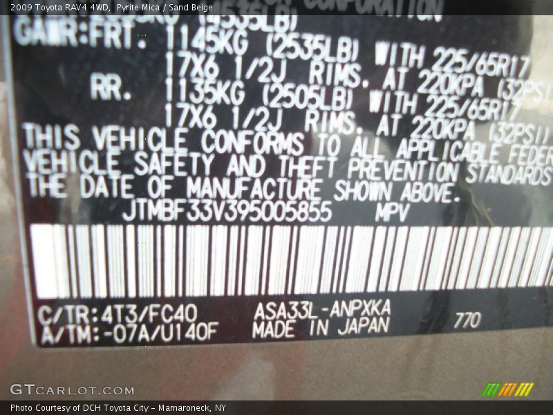 2009 RAV4 4WD Pyrite Mica Color Code 4T3