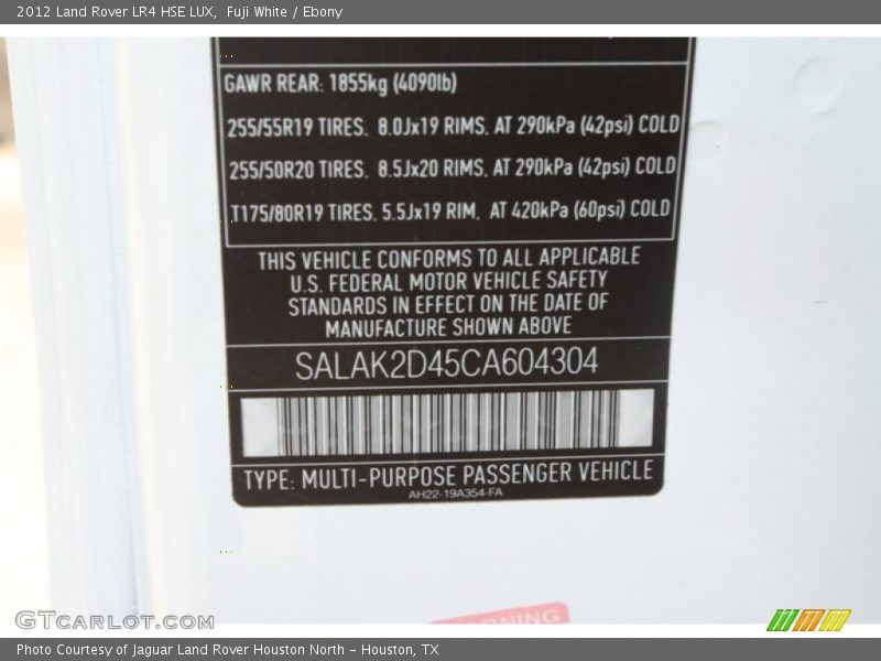 Info Tag of 2012 LR4 HSE LUX