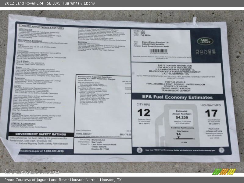  2012 LR4 HSE LUX Window Sticker