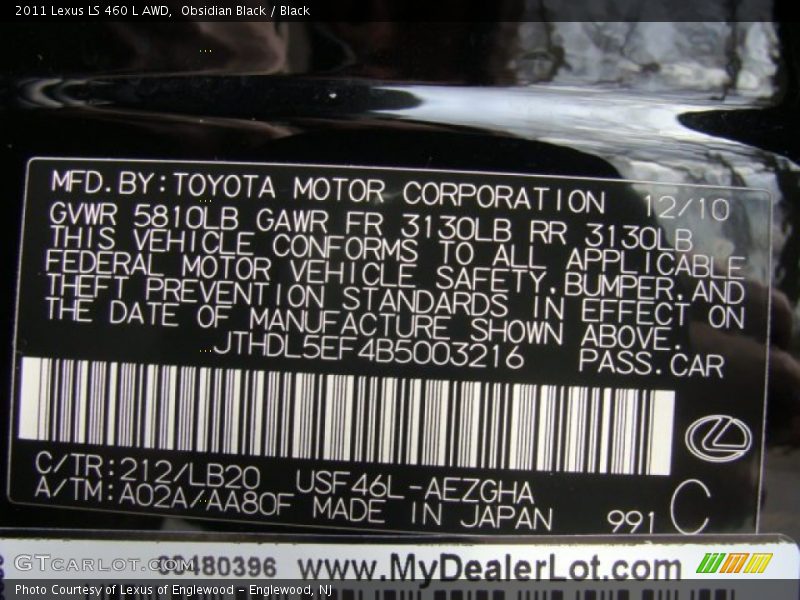 2011 LS 460 L AWD Obsidian Black Color Code 212