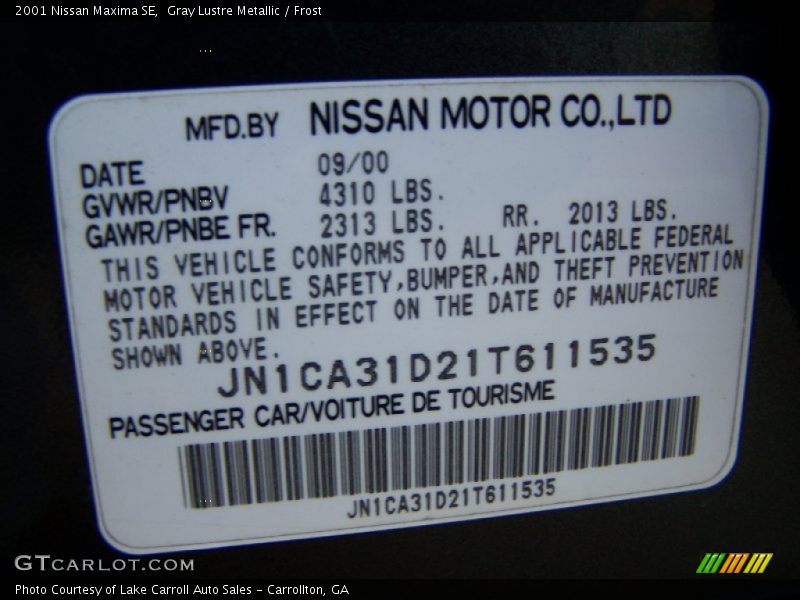 Gray Lustre Metallic / Frost 2001 Nissan Maxima SE