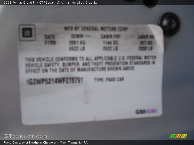Silvermist Metallic / Graphite 1998 Pontiac Grand Prix GTP Sedan