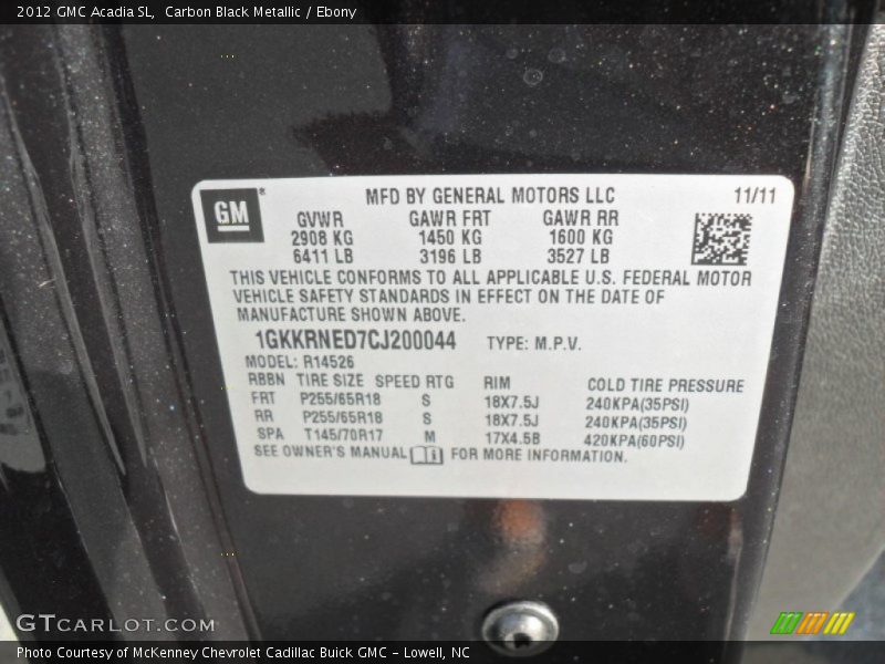Carbon Black Metallic / Ebony 2012 GMC Acadia SL