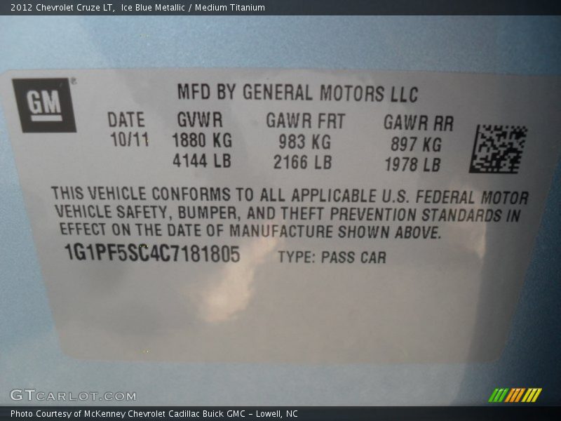 Ice Blue Metallic / Medium Titanium 2012 Chevrolet Cruze LT