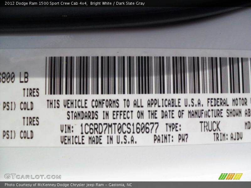 2012 Ram 1500 Sport Crew Cab 4x4 Bright White Color Code PW7