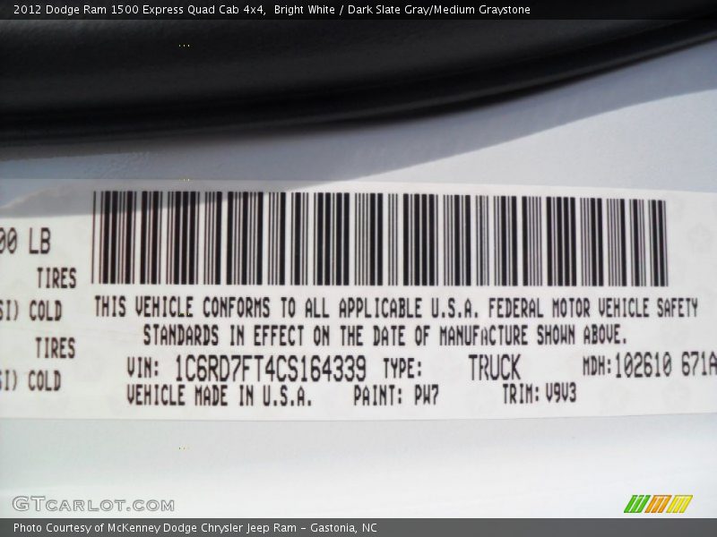 2012 Ram 1500 Express Quad Cab 4x4 Bright White Color Code PW7