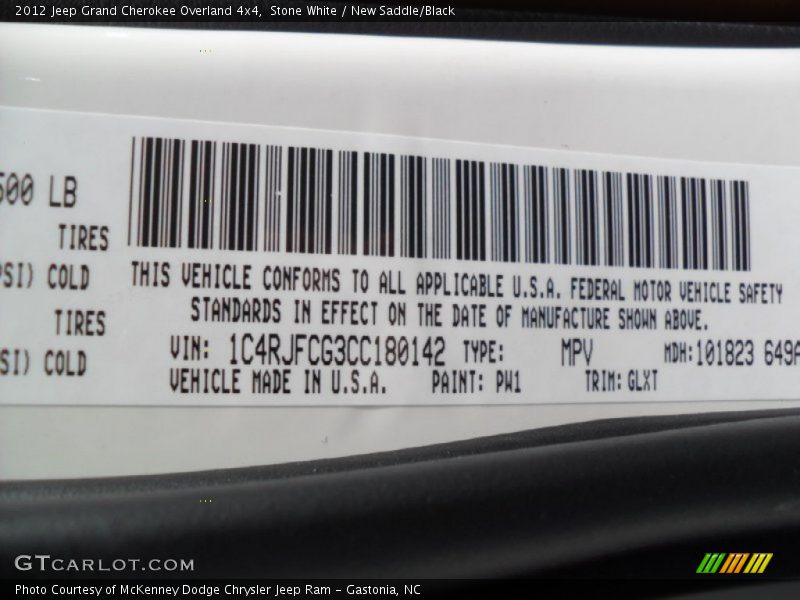 2012 Grand Cherokee Overland 4x4 Stone White Color Code PW1