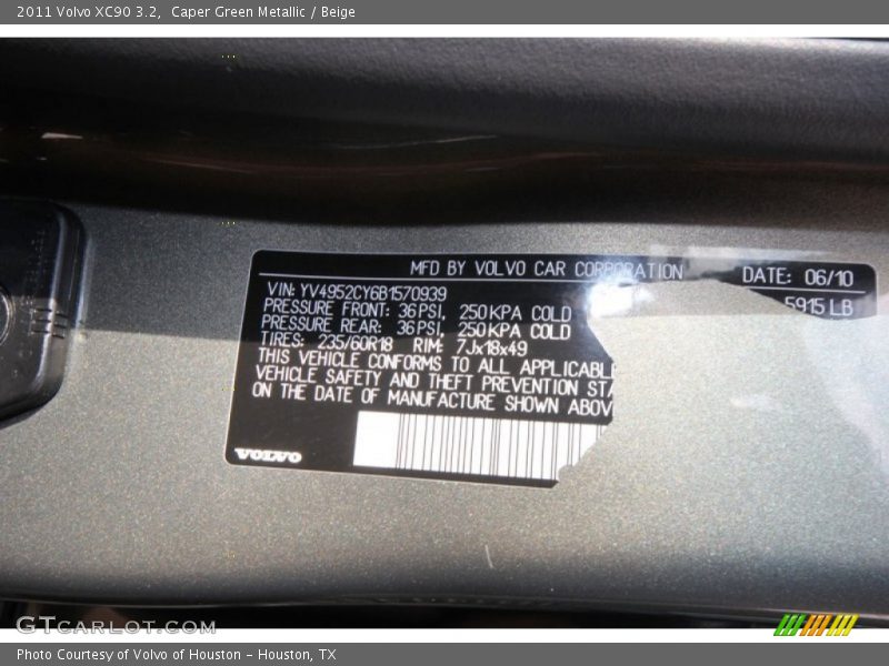 Caper Green Metallic / Beige 2011 Volvo XC90 3.2