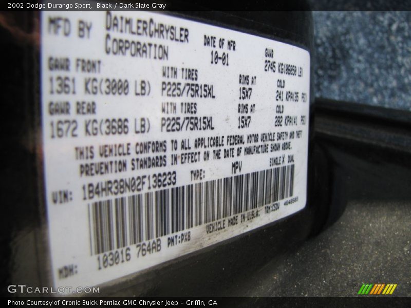 Black / Dark Slate Gray 2002 Dodge Durango Sport