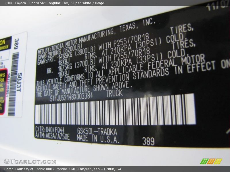 2008 Tundra SR5 Regular Cab Super White Color Code 040