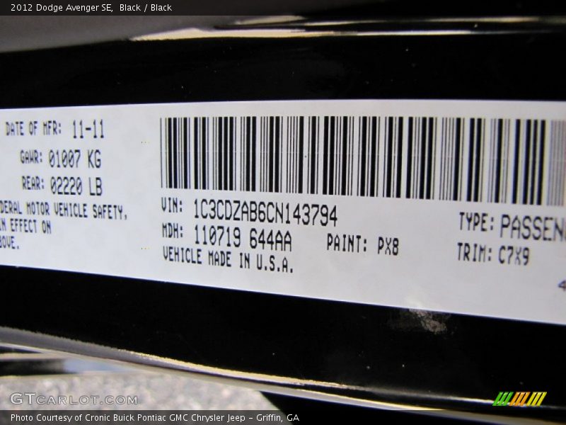 2012 Avenger SE Black Color Code PX8