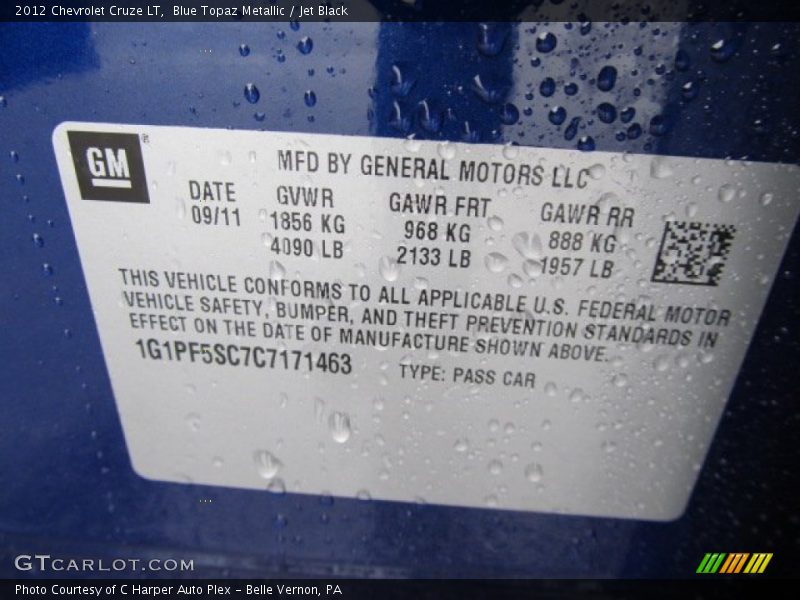 Blue Topaz Metallic / Jet Black 2012 Chevrolet Cruze LT