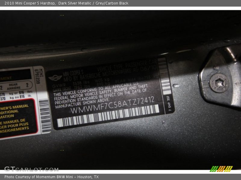 Dark Silver Metallic / Grey/Carbon Black 2010 Mini Cooper S Hardtop