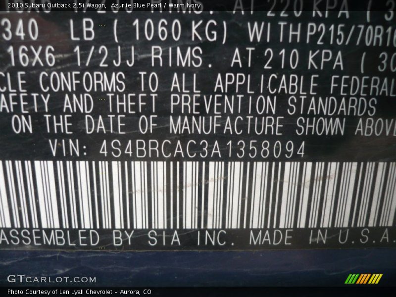 Azurite Blue Pearl / Warm Ivory 2010 Subaru Outback 2.5i Wagon