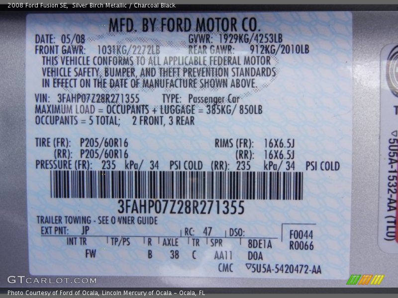 2008 Fusion SE Silver Birch Metallic Color Code JP