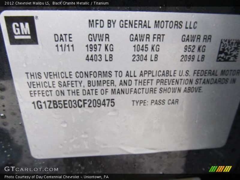 Black Granite Metallic / Titanium 2012 Chevrolet Malibu LS
