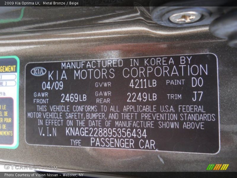 Metal Bronze / Beige 2009 Kia Optima LX