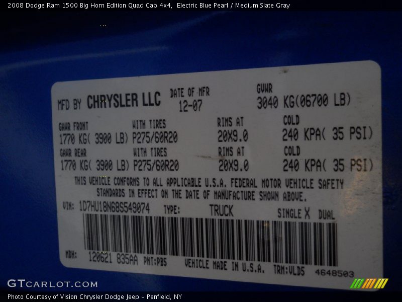 2008 Ram 1500 Big Horn Edition Quad Cab 4x4 Electric Blue Pearl Color Code PB5