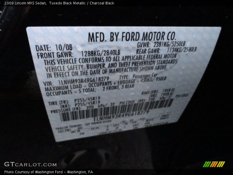 Tuxedo Black Metallic / Charcoal Black 2009 Lincoln MKS Sedan