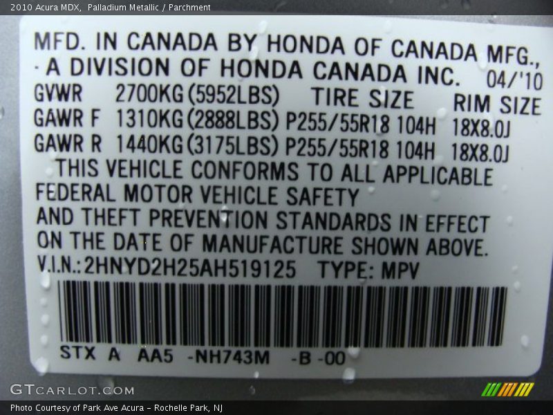2010 MDX  Palladium Metallic Color Code NH743