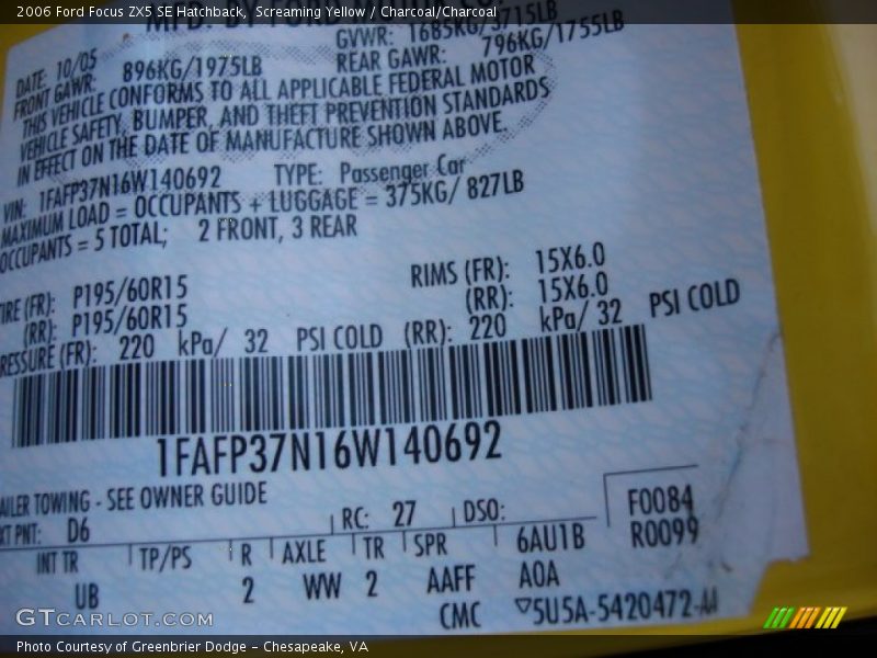 2006 Focus ZX5 SE Hatchback Screaming Yellow Color Code D6