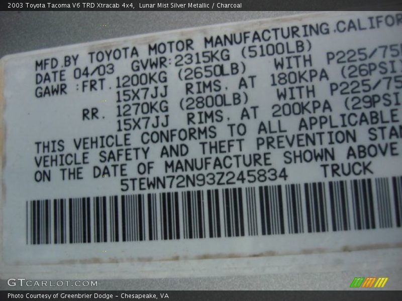 Lunar Mist Silver Metallic / Charcoal 2003 Toyota Tacoma V6 TRD Xtracab 4x4