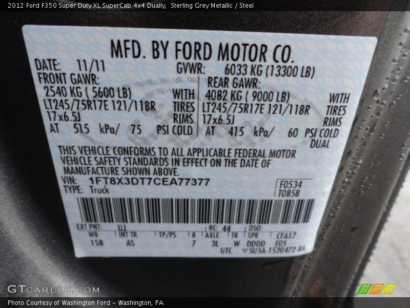 2012 F350 Super Duty XL SuperCab 4x4 Dually Sterling Grey Metallic Color Code UJ