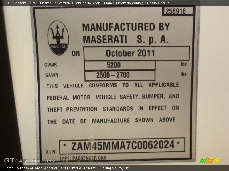 Info Tag of 2012 GranTurismo Convertible GranCabrio Sport