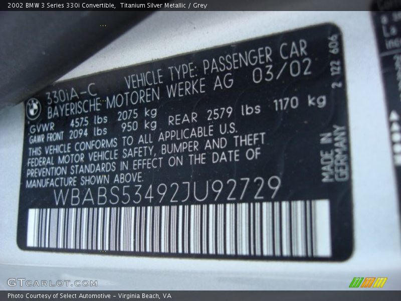 Titanium Silver Metallic / Grey 2002 BMW 3 Series 330i Convertible