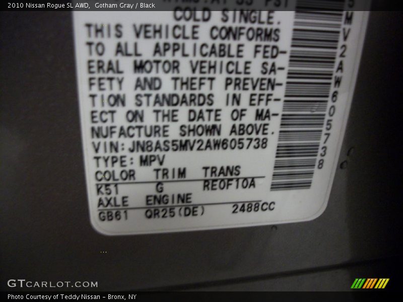 2010 Rogue SL AWD Gotham Gray Color Code K51