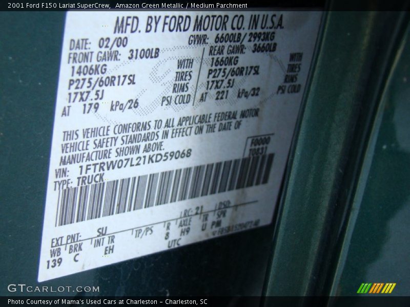 2001 F150 Lariat SuperCrew Amazon Green Metallic Color Code SU