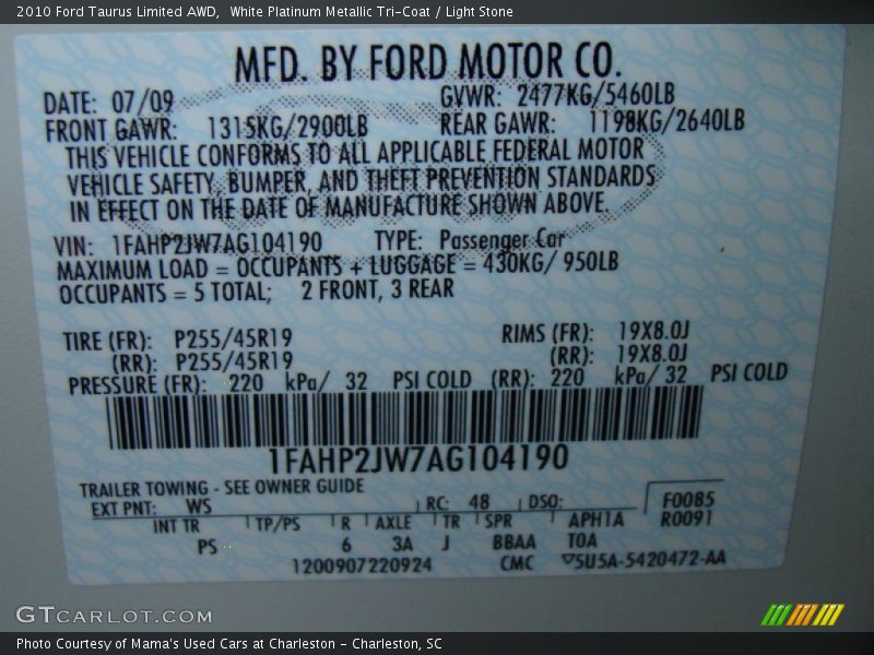 White Platinum Metallic Tri-Coat / Light Stone 2010 Ford Taurus Limited AWD