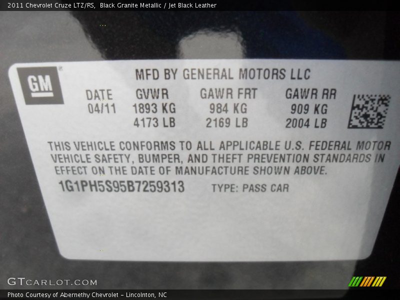 Black Granite Metallic / Jet Black Leather 2011 Chevrolet Cruze LTZ/RS