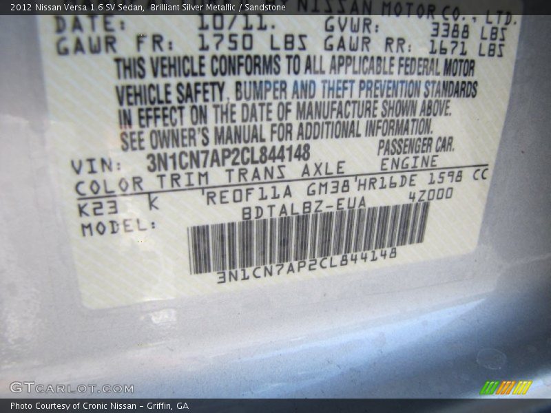 2012 Versa 1.6 SV Sedan Brilliant Silver Metallic Color Code K23