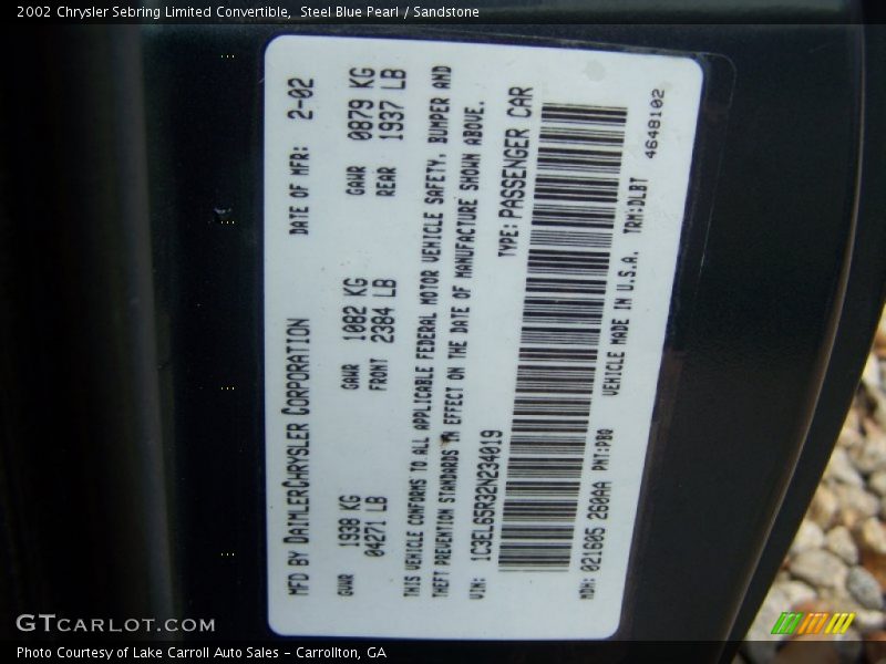 2002 Sebring Limited Convertible Steel Blue Pearl Color Code PBQ