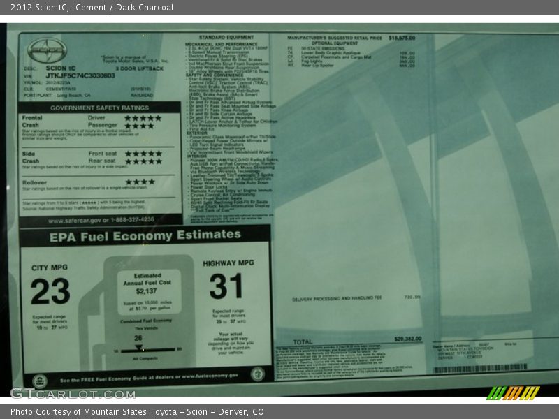  2012 tC  Window Sticker